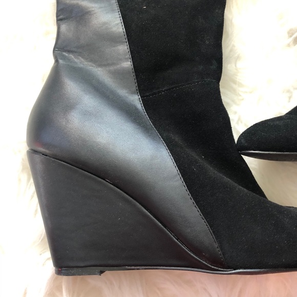 Black Leather knee High Boots 9 9.5 Wedge heel booties wedges - Picture 2 of 7